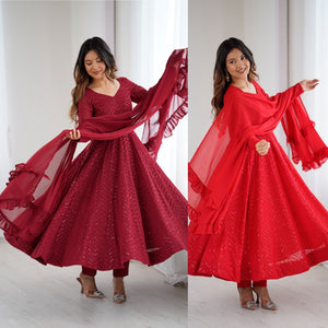 Georgette Embroidered Anarkali Set – Wine