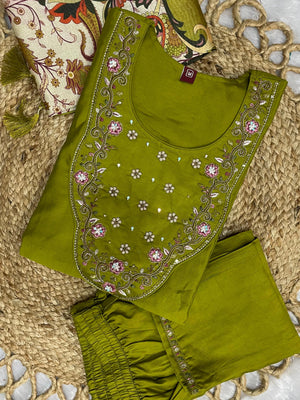 Premium Marina Silk Embroidered Straight Kurti Set – Parrot Green