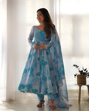 Organza Silk Printed Anarkali Set – Sky Blue