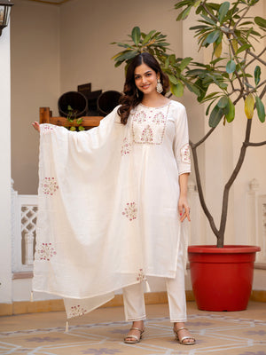 Pure Viscose Mango Silk Embroidered Straight Kurti Set – White