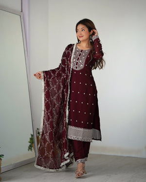 Rangoli Silk Embroidered Straight Kurta Set – Maroon