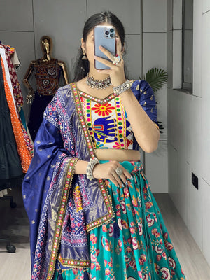 Navratri Firozi Floral Dola Lehenga Set - Blouse Unstitched
