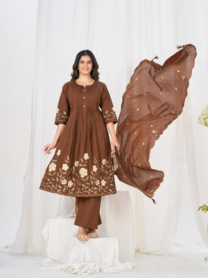 Pure Cotton Embroidered Anarkali Kurti Set – Coffee
