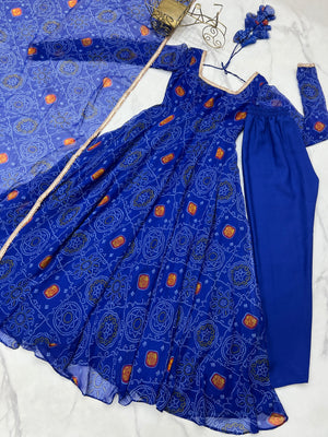 Soft Lightweight Chiffon Bandhej Fabric Inner Micro Cotton Embroidered Anarkali Set – Blue