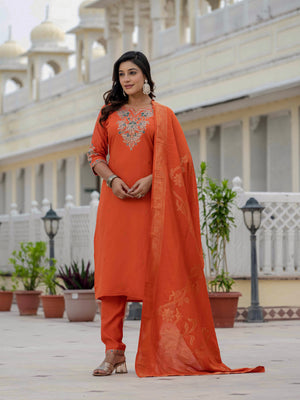 Premium Roman Silk Embroidered Straight Kurti Set – Orange