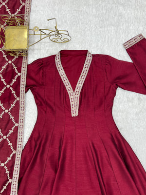 Vichitra Silk Embroidered Gown Set – Maroon