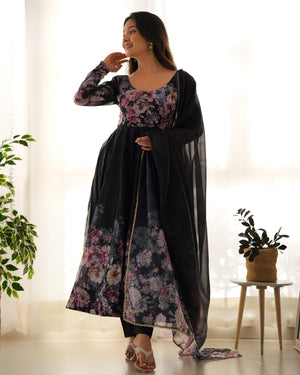 Organza Silk Printed Anarkali Set – Black
