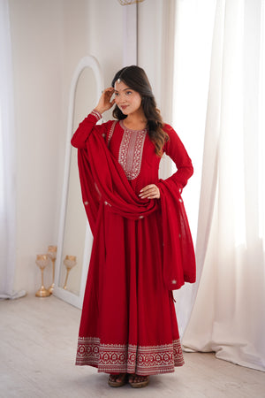 Vichitra Silk Embroidered Gown Set – Dark Red