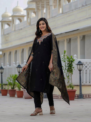Premium Roman Silk Embroidered Straight Kurti Set – Black