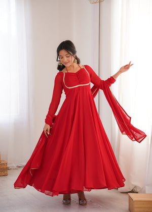 Georgette Embroidered Gown Set – Red