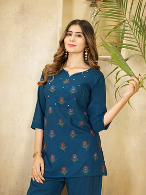 Heavy Rayon Embroidered Co-Ords Set – Blue