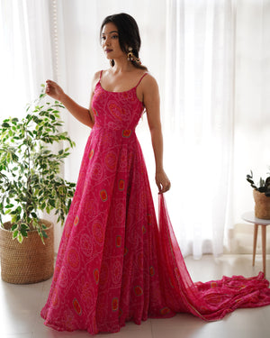 Soft Lightweight Chiffon Bandhej Embroidered Gown Set – Pink