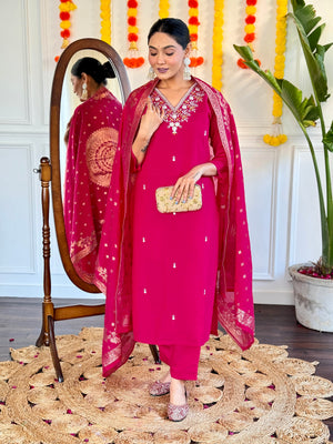 Viscose Chanderi Embroidered Kurta Pant Dupatta Set – Rani Pink