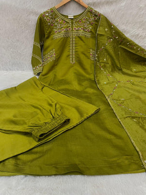 Viscose Mango Silk Embroidered Anarkali Kurti Set – Mahendi Green