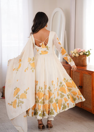 Organza Silk Printed Anarkali Set – Ivory Floral
