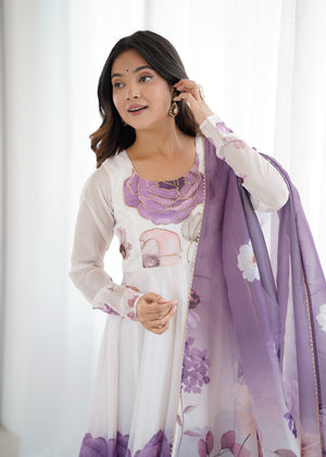 Organza Silk Printed Anarkali Set – Lilac Floral