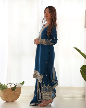 Chinon Silk Embroidered Straight Kurta Set – Navy Blue
