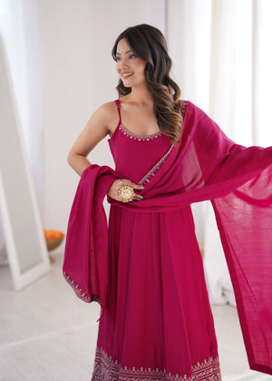 Roman Chanderi Silk Embroidered Anarkali Set – Rani Pink