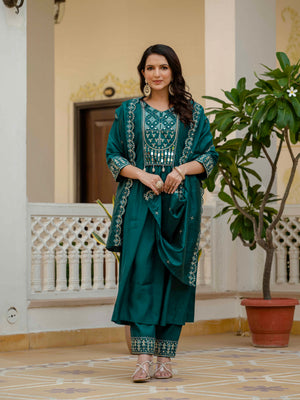 Viscose Roman Silk Embroidered Anarkali Kurti Set – Teal