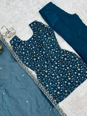 Crunchy Silk Embroidered Bell Bottom Set – Teal Blue