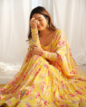 Georgette Printed Anarkali Set – Yellow