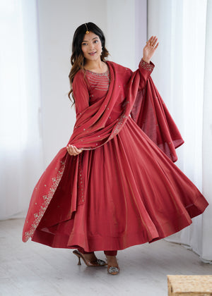 Roman Shimmer Silk Embroidered Anarkali Set – Maroon