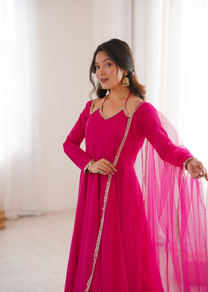 Roman Chanderi Silk Embroidered Anarkali Set – Dark Pink