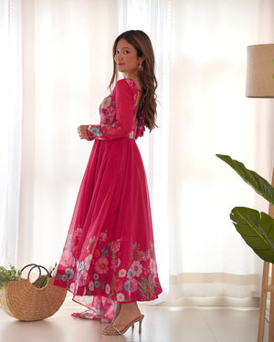 Organza Silk Printed Anarkali Set – Pink
