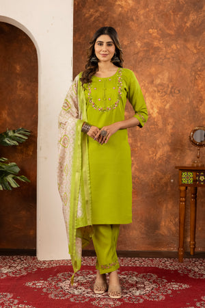 Marina Silk Embroidered Straight Kurti Set – Parrot Green
