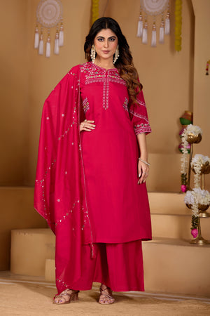 Viscose Mango Silk Embroidered Anarkali Kurti Set – Rani Pink