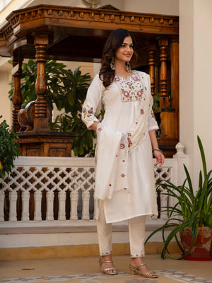 Pure Viscose Mango Silk Embroidered Straight Kurti Set – White