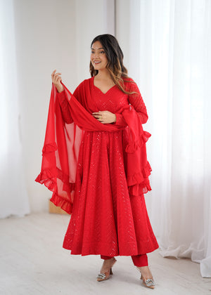 Georgette Embroidered Anarkali Set – Red