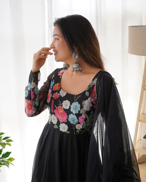 Organza Silk Printed Anarkali Set – Black