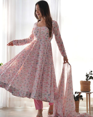Heavy Orange Chiffon Floral Print Printed Anarkali Set – White Pink