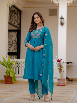 Pure Viscose Mango Silk Embroidered Straight Kurti Set – Firozi