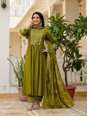Viscose Roman Silk Embroidered Anarkali Kurti Set – Mahendi