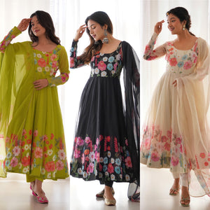 Organza Silk Printed Anarkali Set – Cream