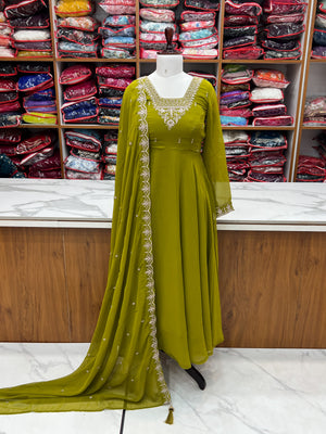 Georgette Embroidered Anarkali Set – Mehndi Green