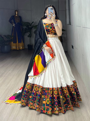 Navratri White Gamthi Mirror Work Lehenga Set