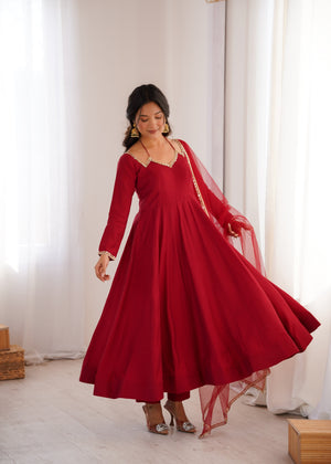 Roman Chanderi Silk Embroidered Anarkali Set – Maroon