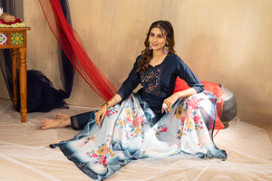 Viscose Mango Silk Embroidered Straight Kurti Set – Navy Blue