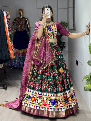 Navratri Green Floral Dola Lehenga Set - Blouse Unstitched