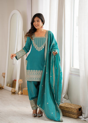 Vichitra Silk Embroidered Farshi Salwar Set – Sea Green