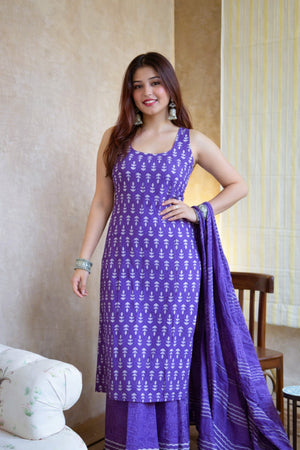 Rayon Slub Printed Kurta Pant Dupatta Set – Purple