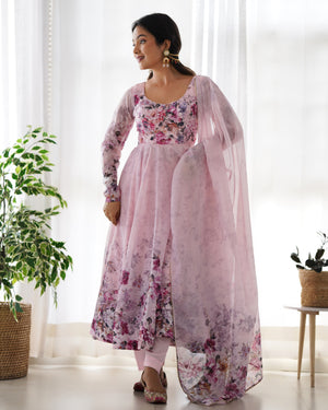Organza Silk Printed Anarkali Set – Pink