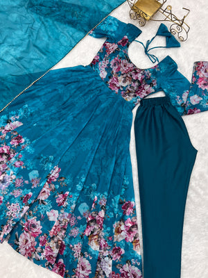 Organza Silk Printed Anarkali Set – Blue
