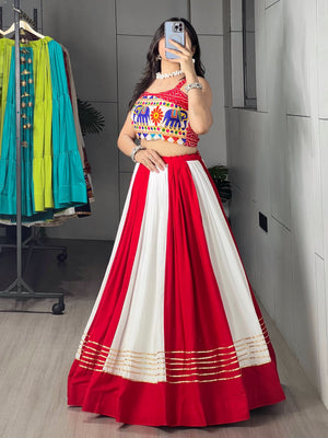 Navratri Red White Laal Leher Lehenga Set