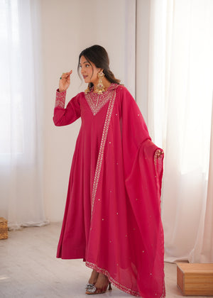 Roman Shimmer Silk Embroidered Anarkali Set – Rani Pink