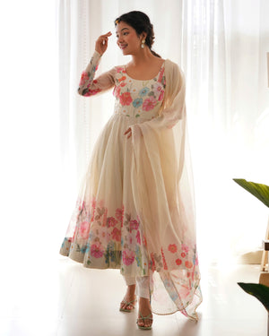 Organza Silk Printed Anarkali Set – Cream