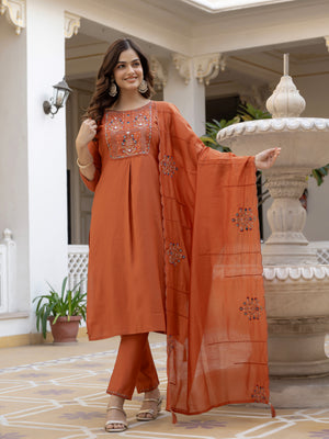 Pure Viscose Mango Silk Embroidered Straight Kurti Set – Rust